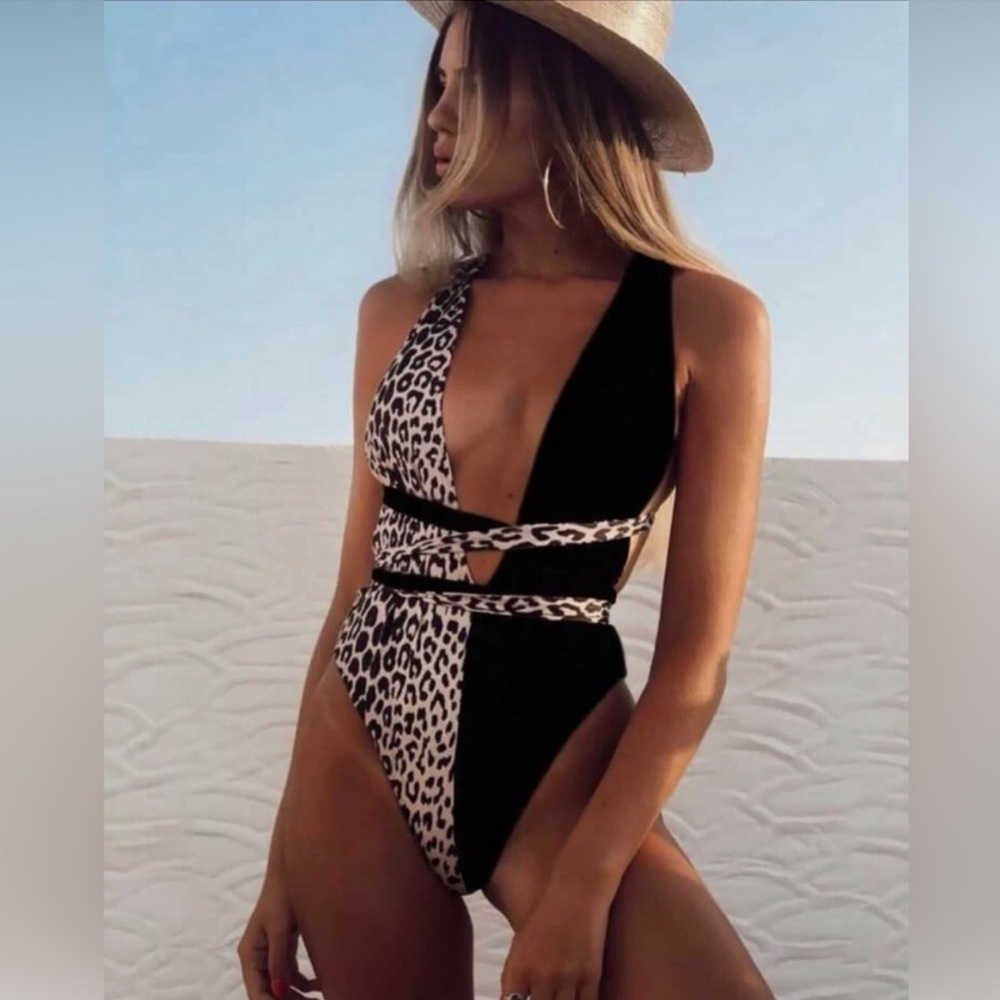 Leopard Print Self Tie One Piece Swimsuit Contrast Bathing Suit Plunge Large